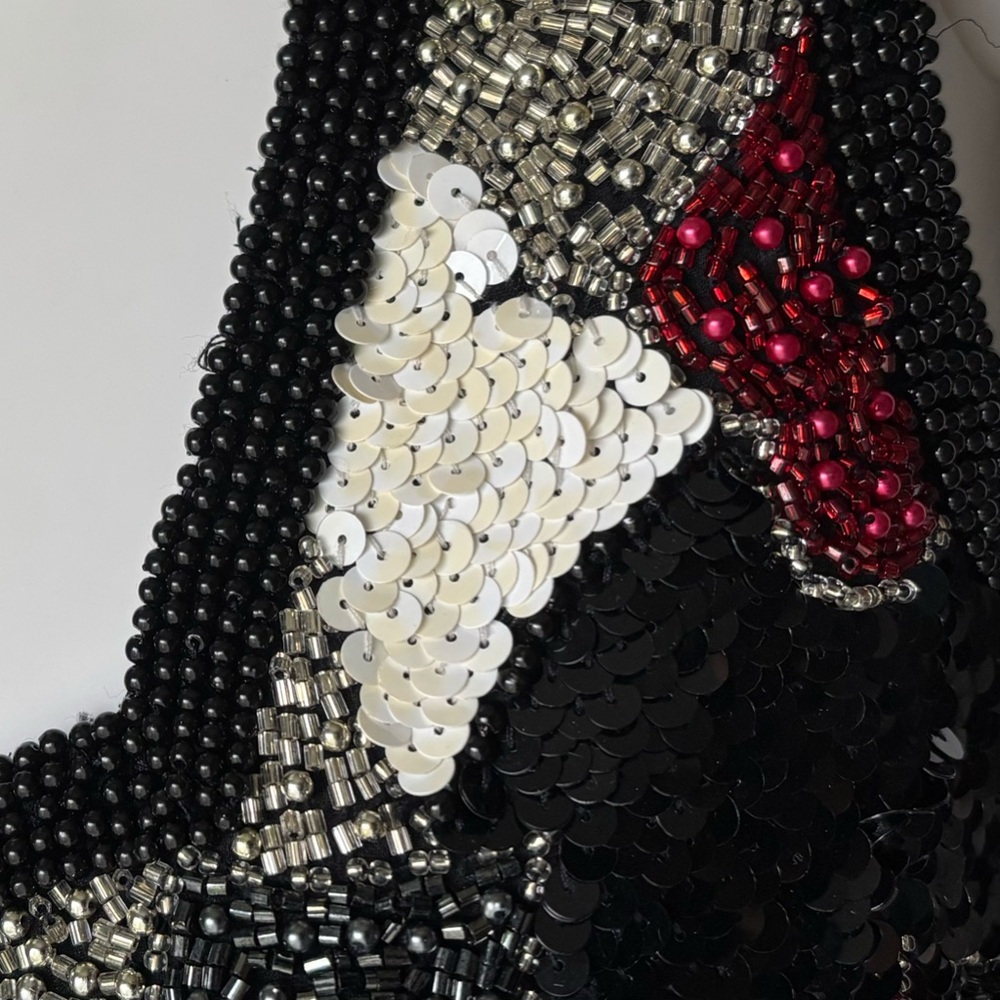 Vintage Oleg Cassini Sequin Silk Mini Dress BodyCon Low Cut Black & White Size 4 - Picture 12 of 12